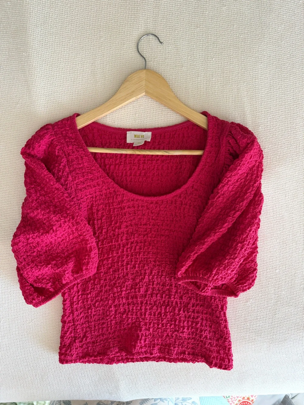 Anthropologie Maeve Textured Puff Sleeve Top in Hot Pink